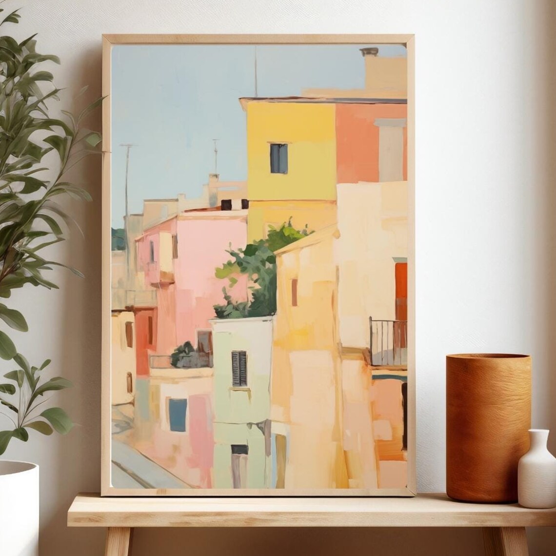 Colorful Italian Houses Painting Yellow Pink Mediterranean Town Poster