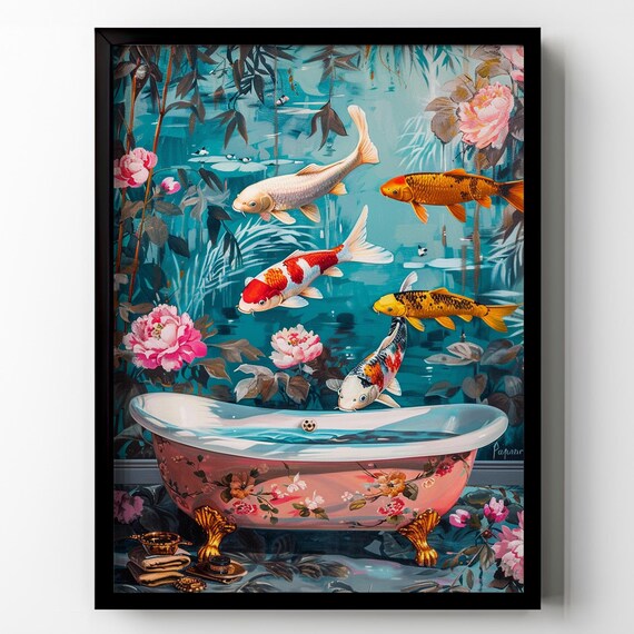 Koi Fish Bathtub Print Poster Modern Surreal Bathroom Wall Art Japanese Artwork Koi Lover Gift Restroom Wall Decor Framed Poster