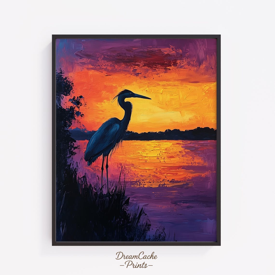 Blue Heron Silhouette At Fiery Orange Sunset Over Purple Water Print