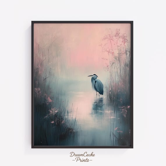 Blue Heron Painting Moody Wall Art Oil In Misty Marsh At Dawn With Soft Pastel Tones Bird 77
