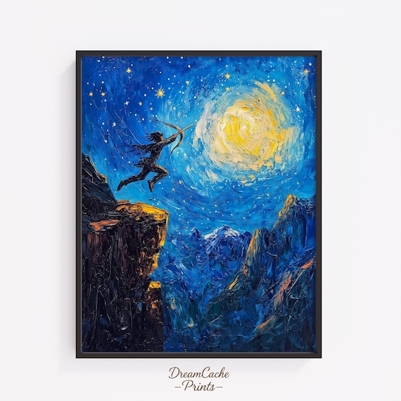 Aztec Hunter Leaping At Moon Starry Night Oil Painting Mythology Poster
