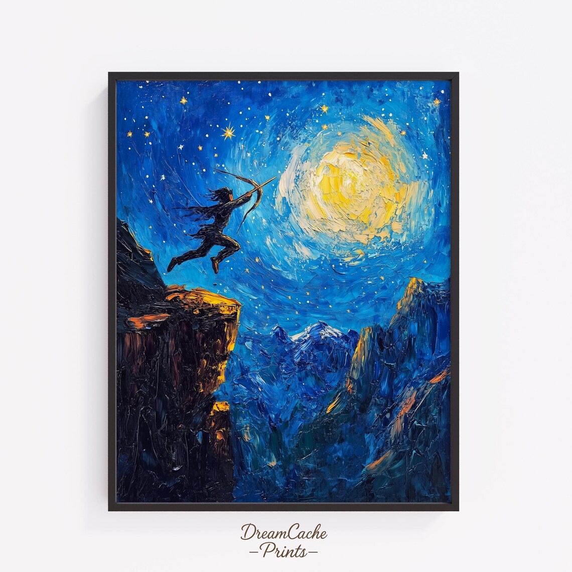 Aztec Hunter Leaping At Moon Starry Night Oil Painting Mythology Poster