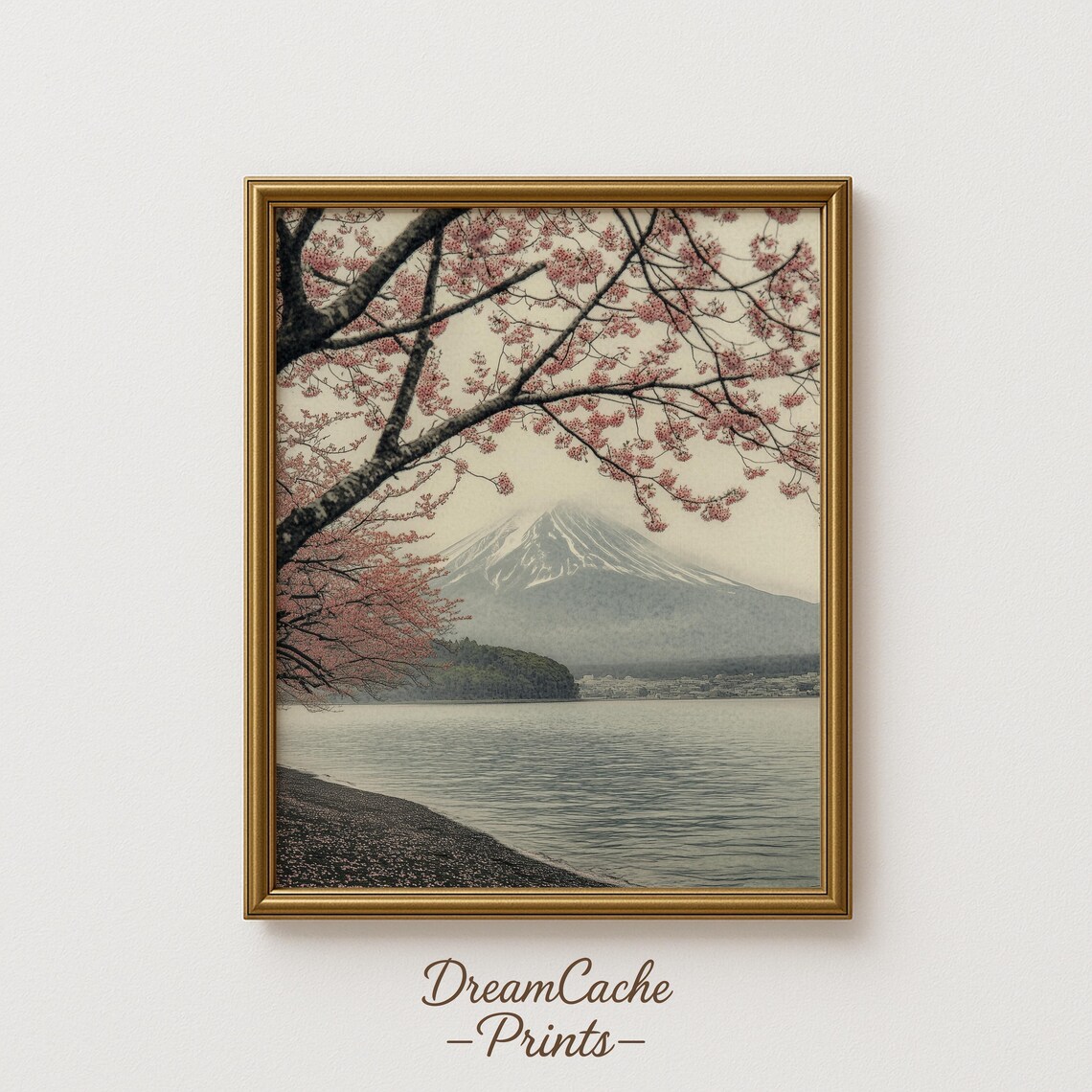 Mount Fuji Behind Cherry Blossoms And A Still Lake Vintage Poster