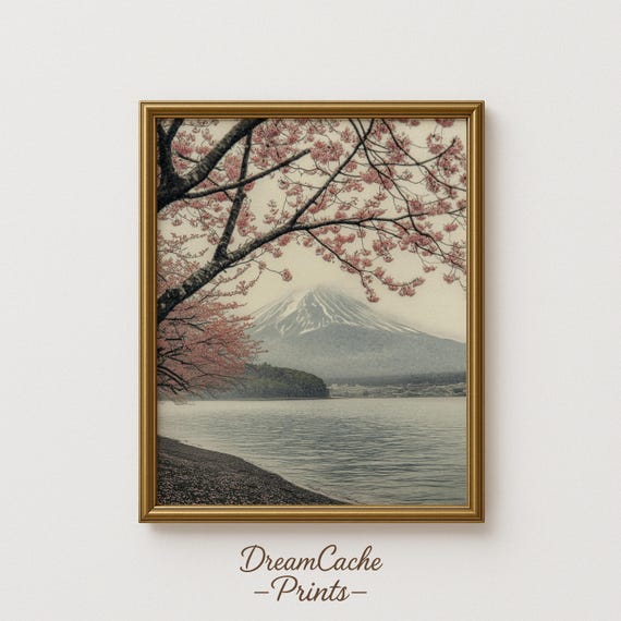 Japandi Wall Art Mount Fuji With Cherry Blossoms In Vintage Style Serene Lake Landscape Artwork 181