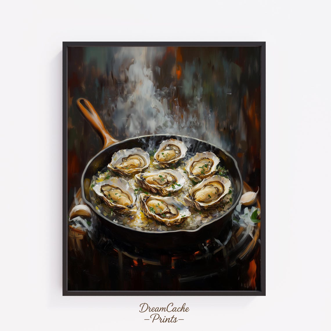 Steaming Oysters in Cast Iron Skillet with Garlic Herbs Poster