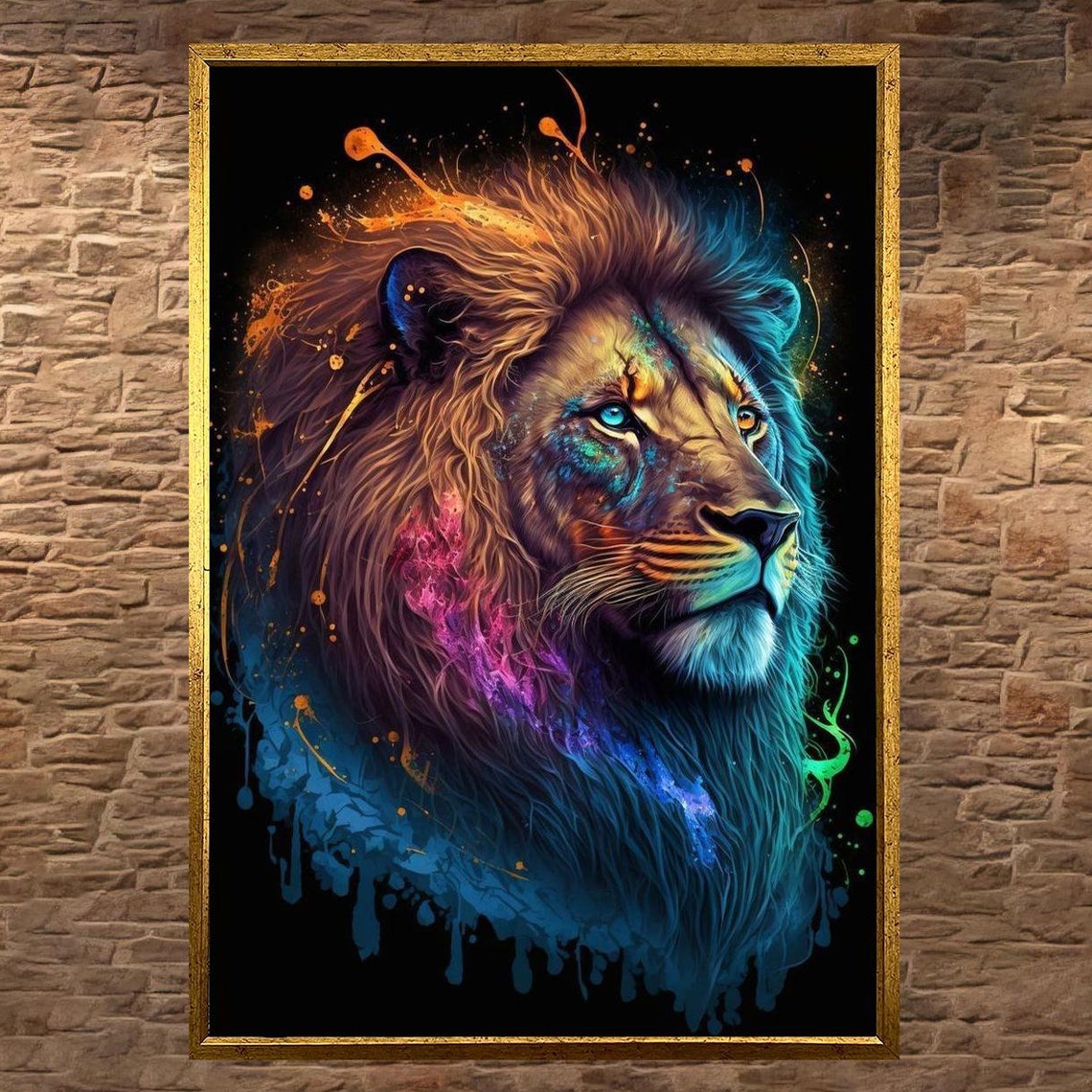 Lion in Profile With Neon Paint Splatter on a Black Art Poster
