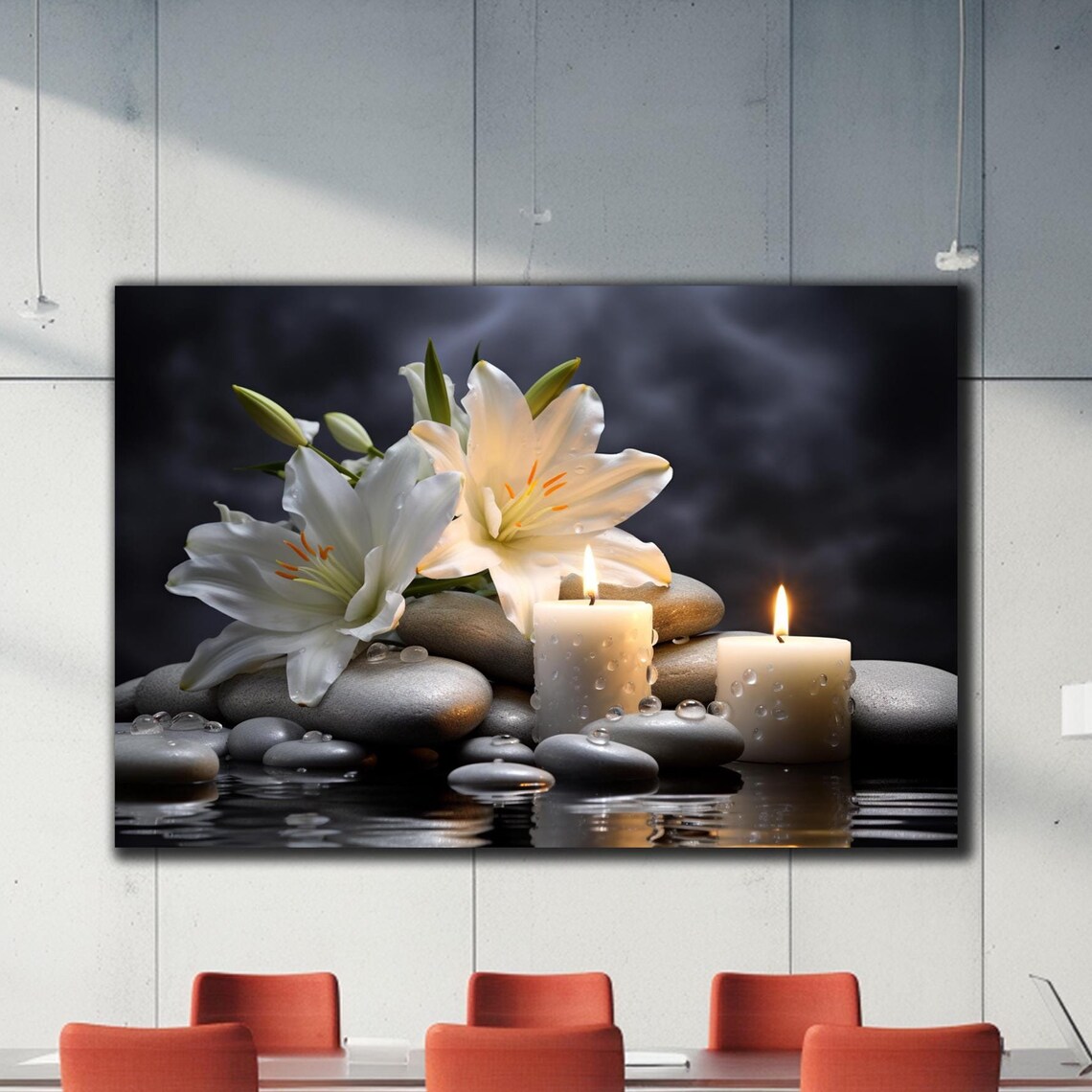 White Lilies Candles Spa Stones Zen Dark Background Serene Poster