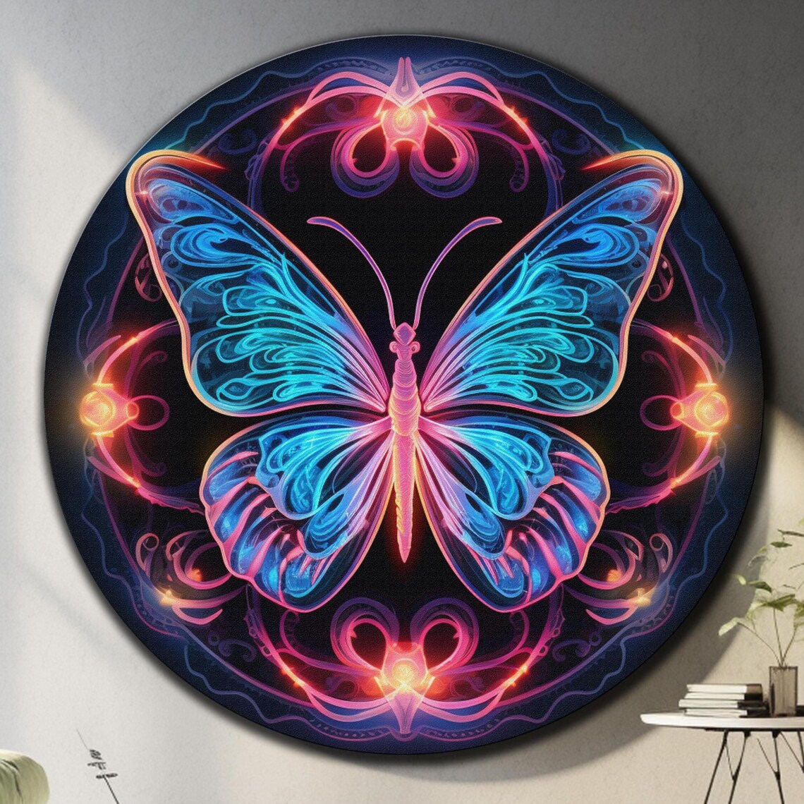 Neon Butterfly Mandala Round Pink Blue Glow Insect Wall Art Poster