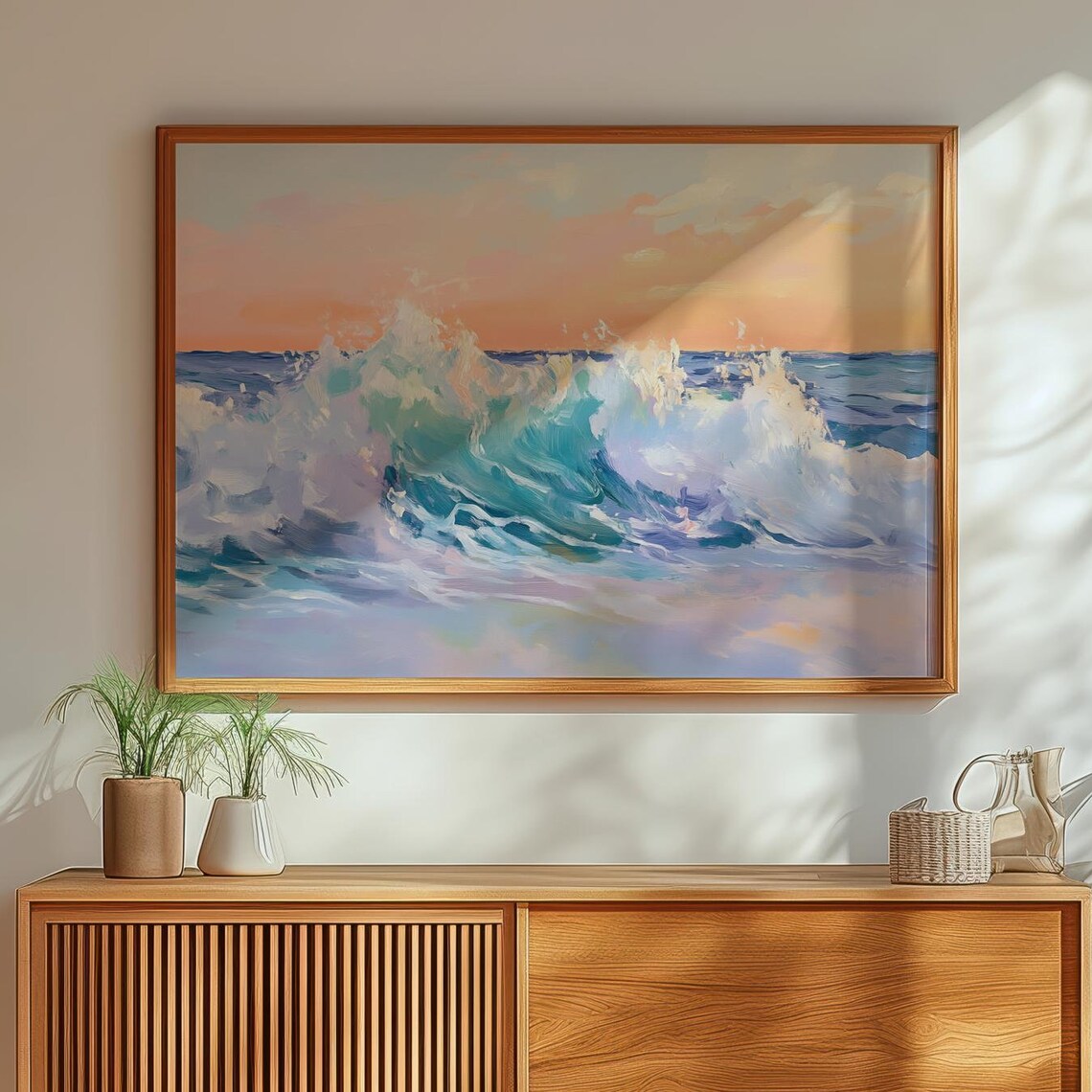 Pastel Ocean Wave Crashing Sunset Painting Coastal Beach Art Poster