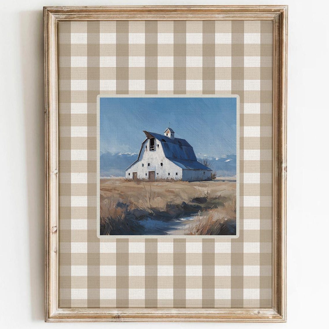 Rustic White Barn Painting Gingham Border Country Farm Poster