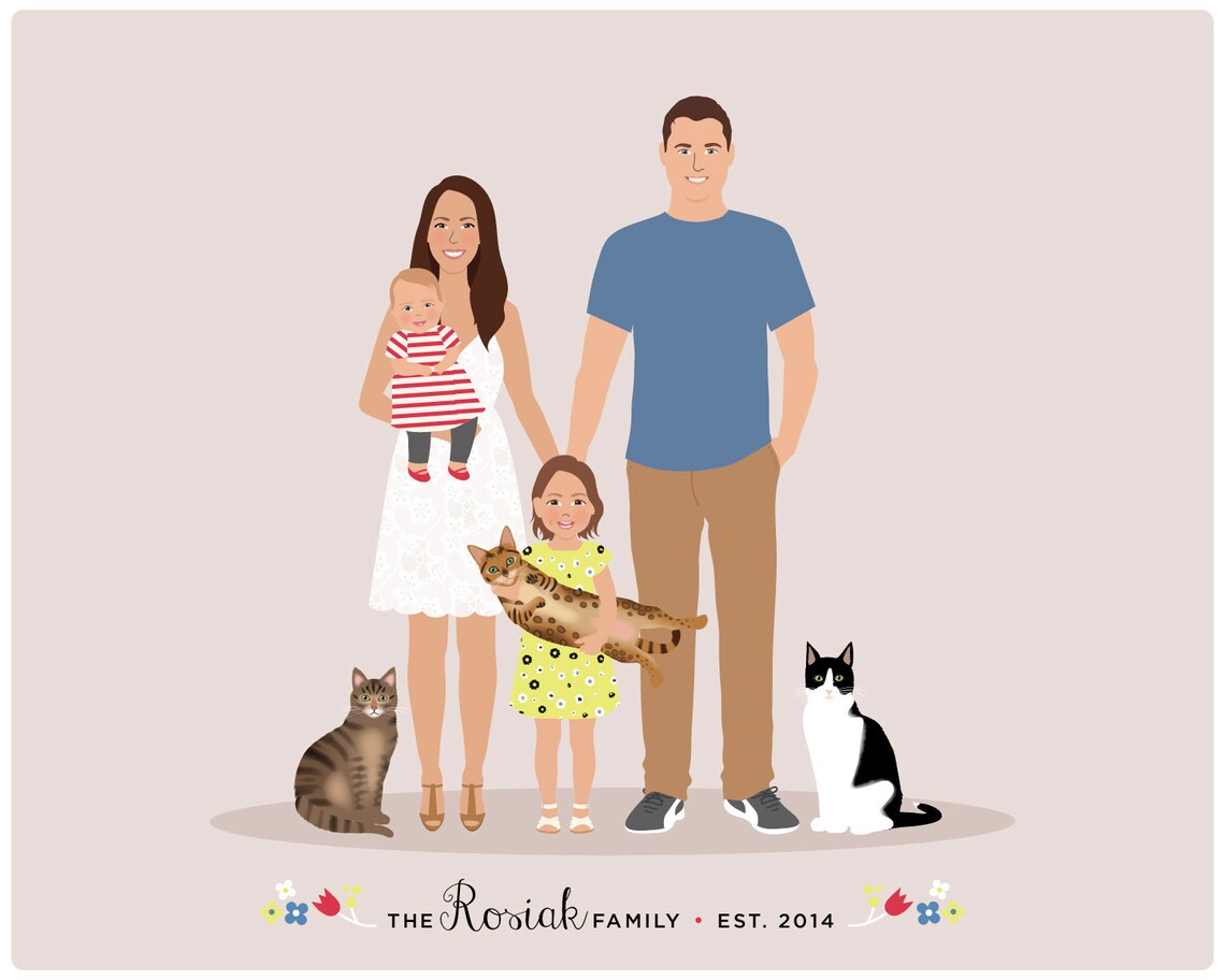 Personalized Family of Four with Three Cats Illustration Poster