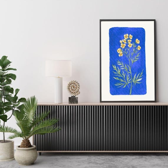 Blue Floral Watercolor Print Minimalist Botanical Wall Art