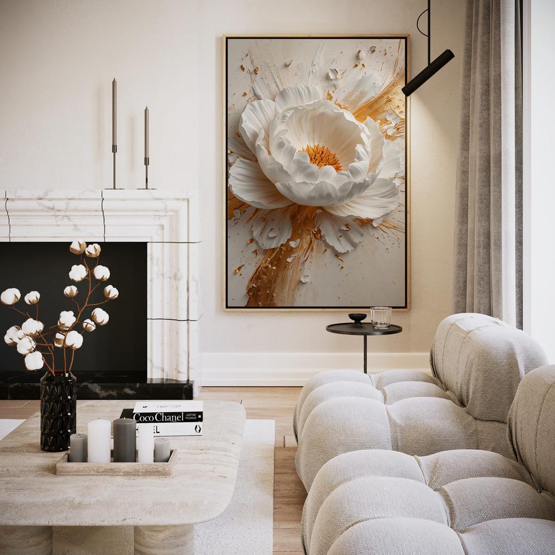 White Peony With Golden Brush Strokes Modern Floral Art Poster