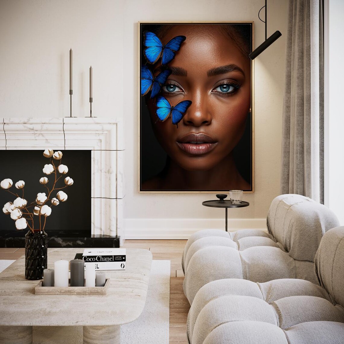 Blue Butterfly Woman Portrait Dark Elegant Transformation Art Poster