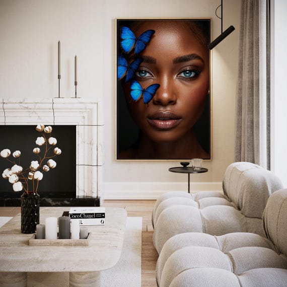 Women Portrait Wings Of Transformation Artwork Wall Art Blue Butterflies