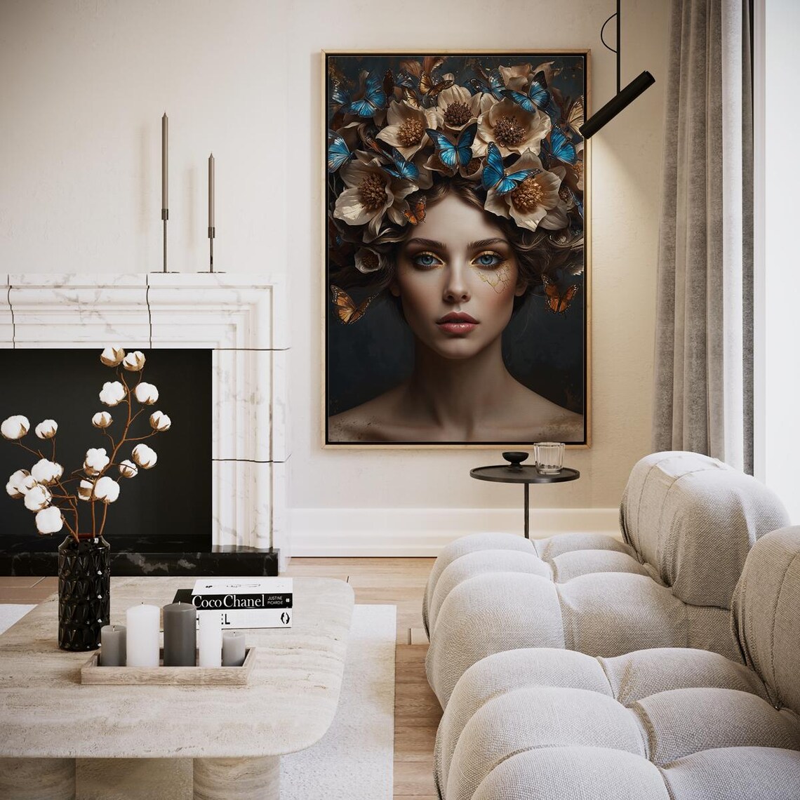 Cream Floral Woman Portrait Blue Butterflies Golden Art Poster