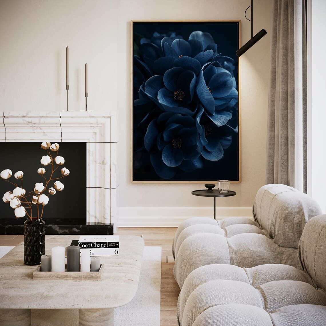 Deep Moody Blue Floral Close Up Dark Botanical Fine Art Poster