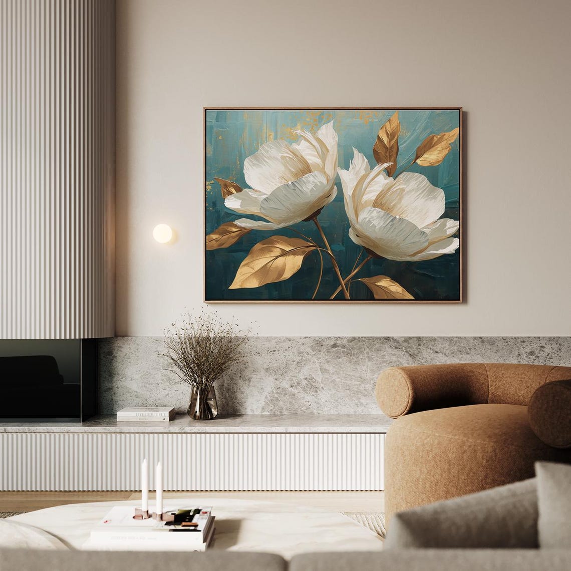 Luxurious White Flowers in Blue Gloss Gold Leaves Modern Floral Poster