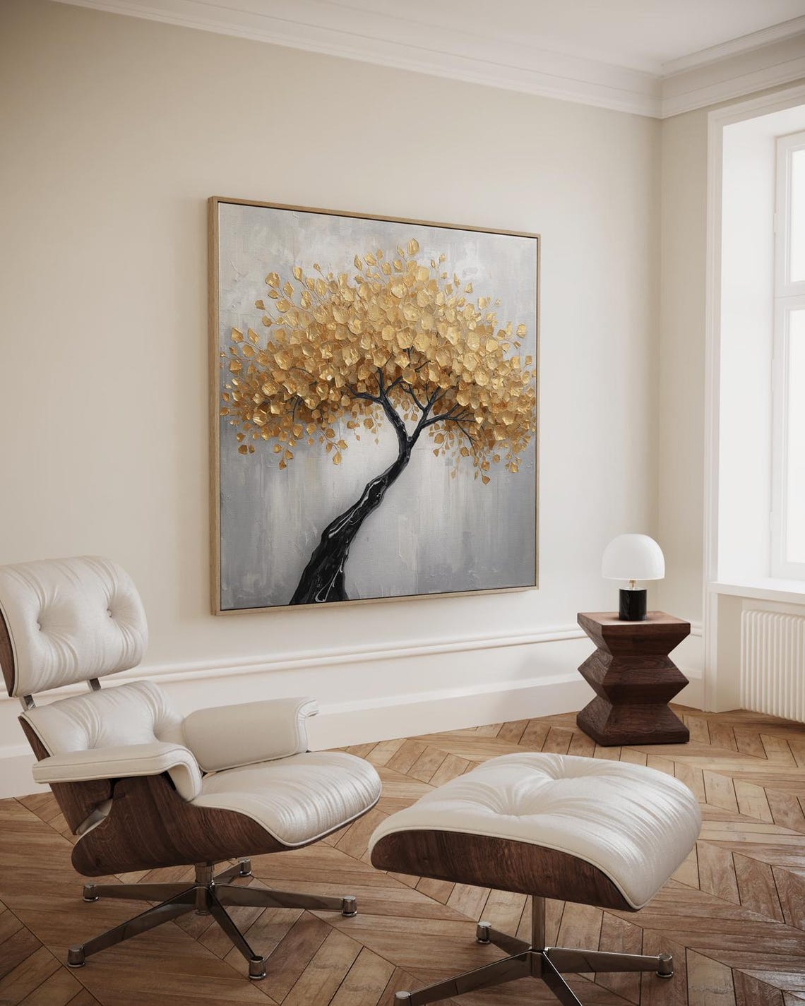 Golden Tree of Life with Black Trunk Modern Abstract Nature Art Poster