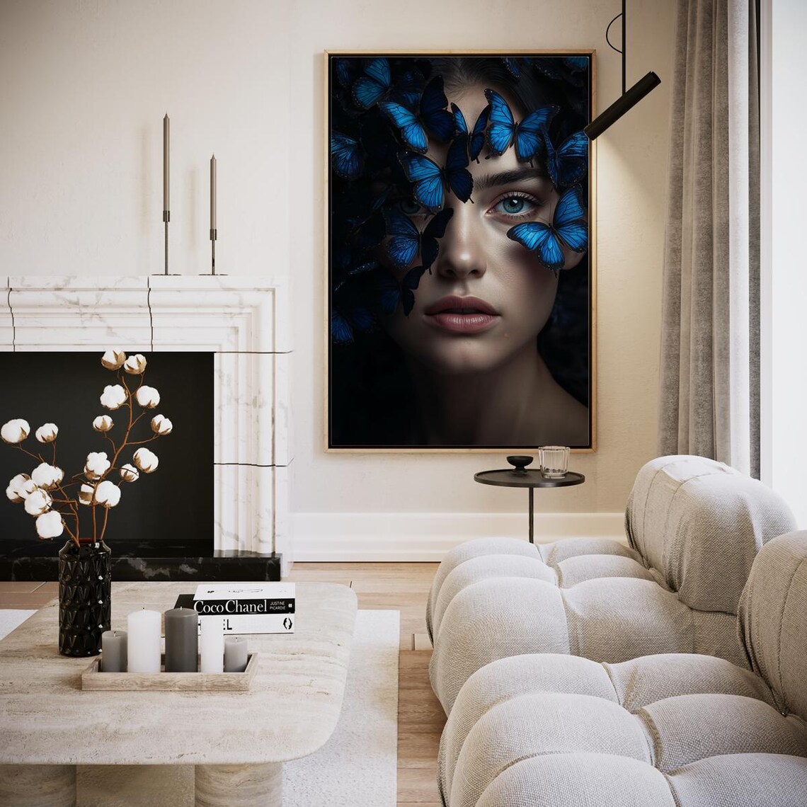 Woman Portrait with Blue Butterflies Dreamy Surreal Wall Art