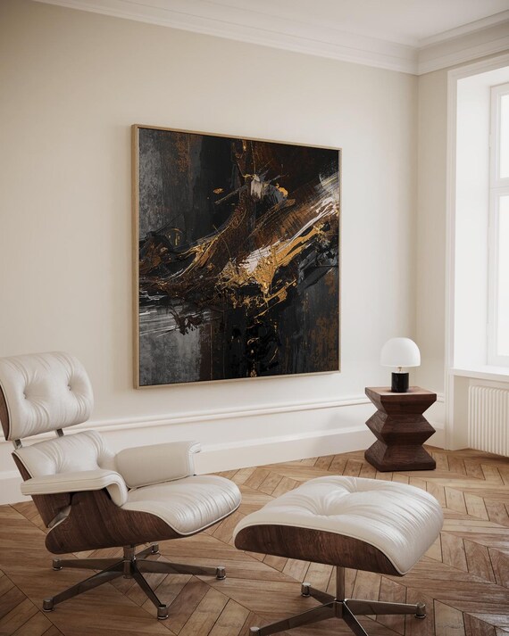 Minimalist Abstract Painting In Black Sand And Ivory Modern Wall Art Artwork