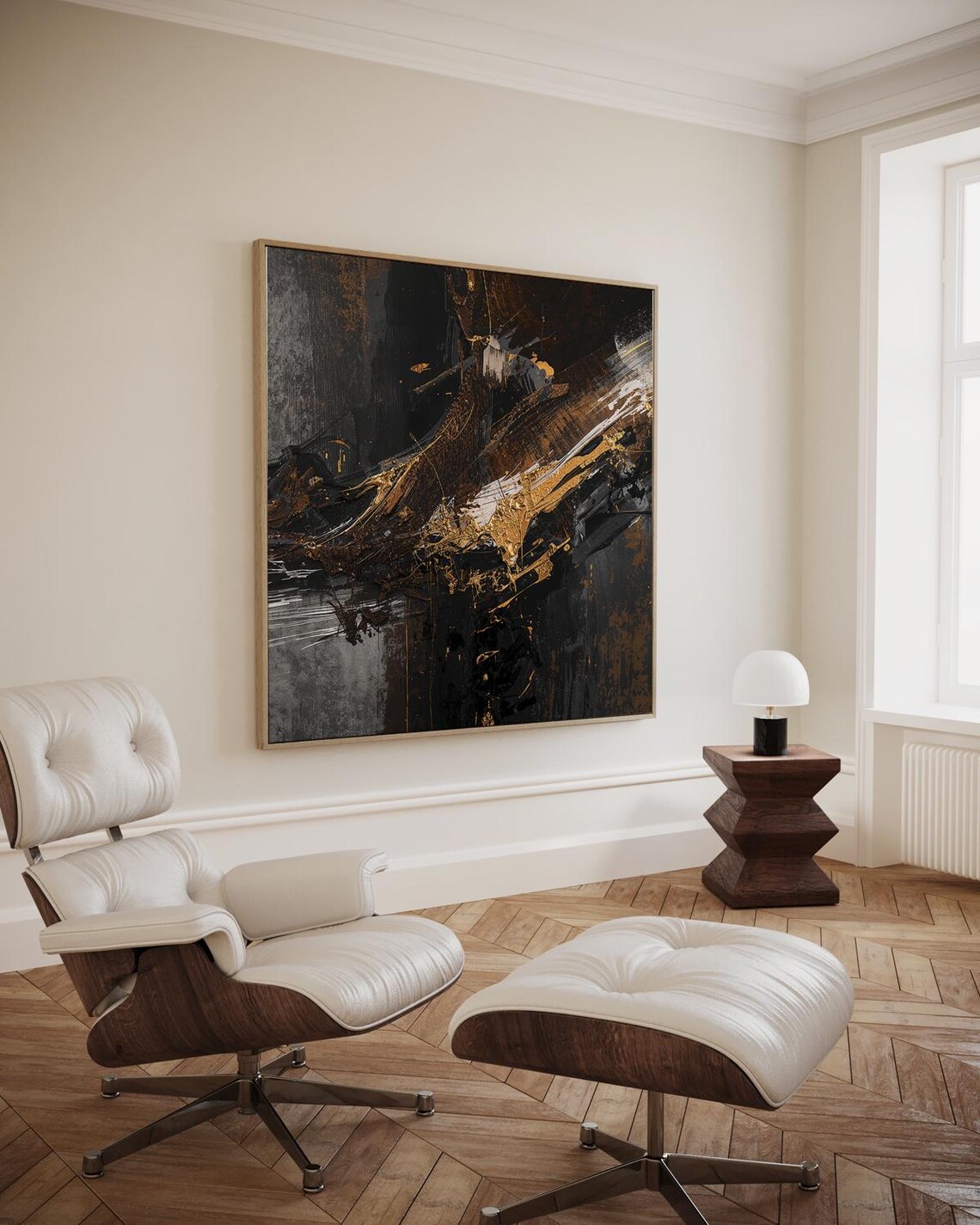 Minimalist Abstract Painting In Black Sand And Ivory Modern Wall Art Artwork