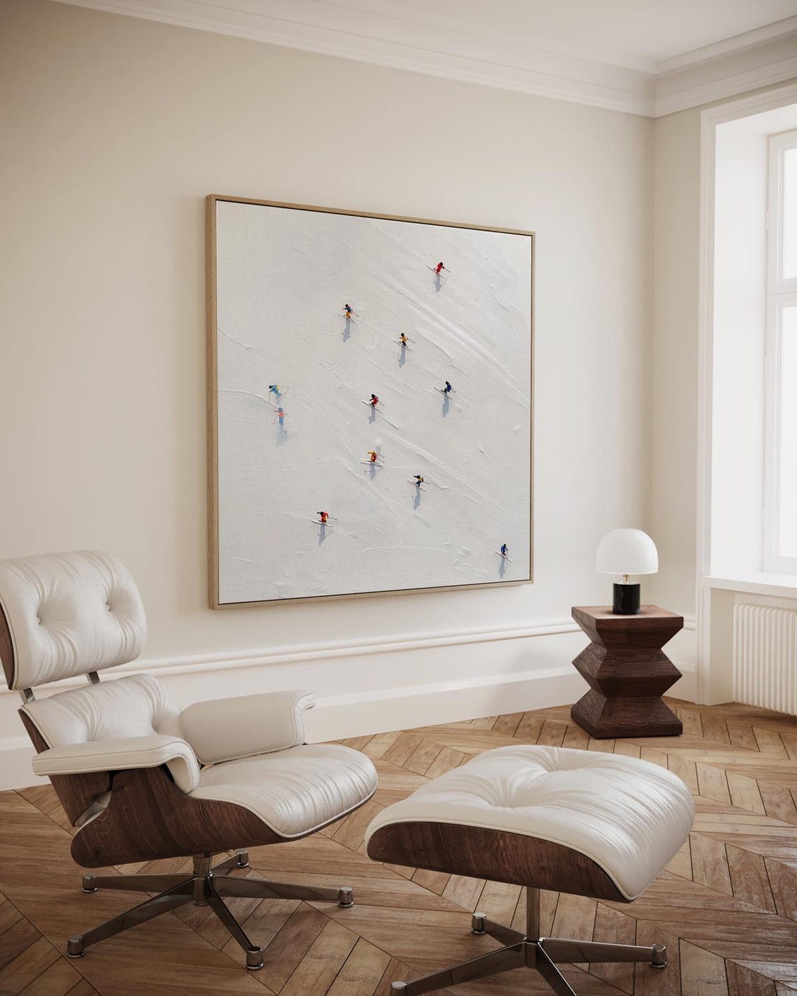 Tiny Skiers On White Snow Aerial Minimalist Winter Art Print