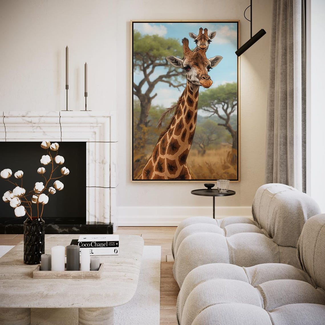 Giraffe Mother Calf Savanna Acacia Trees Realistic Wildlife Art Print