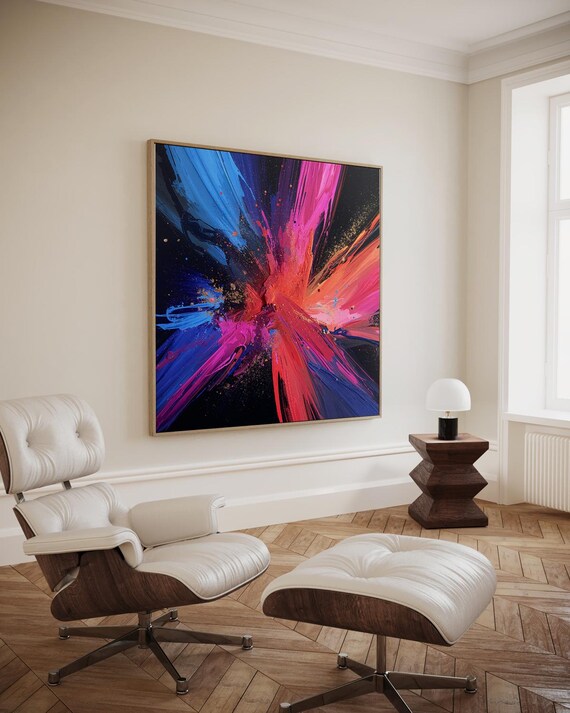 Pink Blue Red Bold Brushstroke Abstract on Black Art Decor Poster