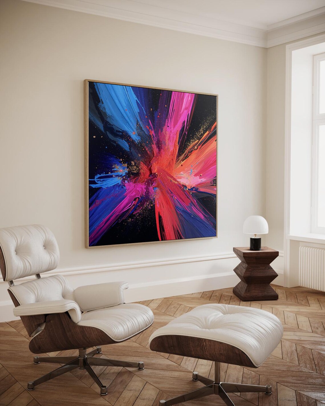 Pink Blue Red Bold Brushstroke Abstract on Black Art Decor Poster