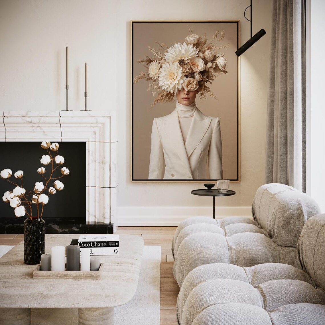 Elegant Woman in White with Large Cream Flower Hat Portrait Print