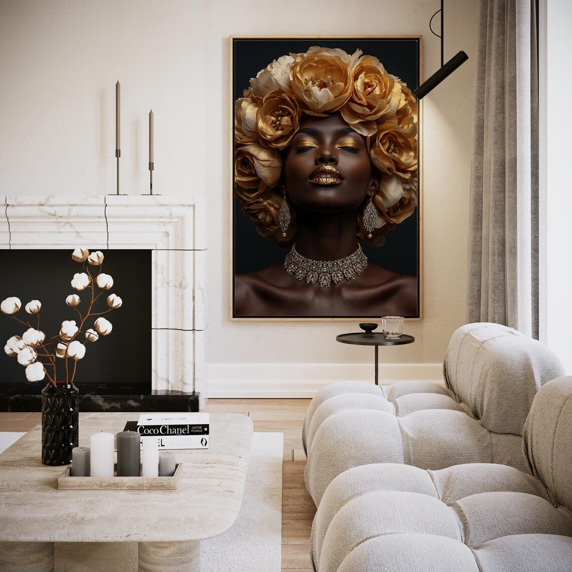 Golden Rose Headdress Woman Portrait Gold Lips Luxury Art Poster