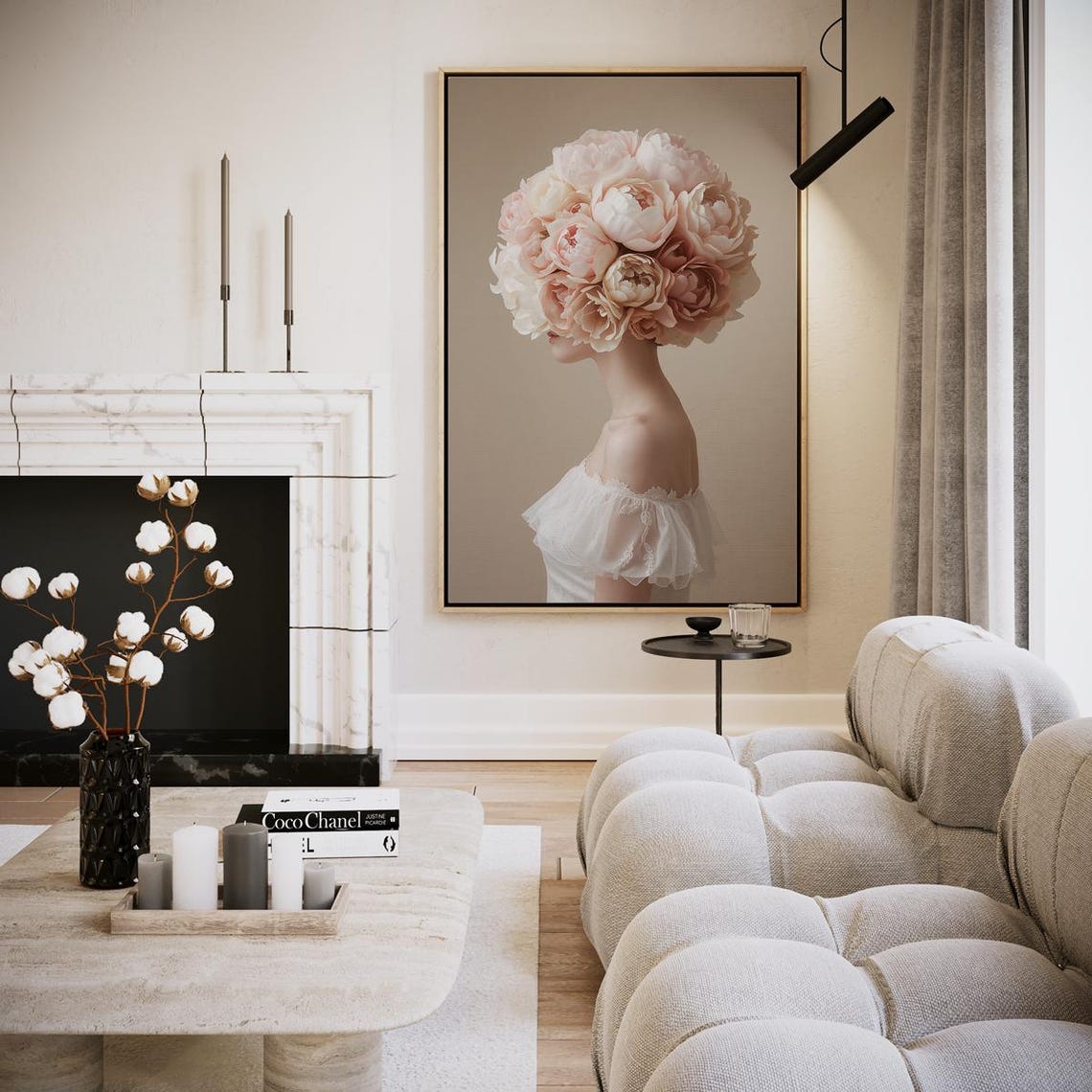 Blush Peony Bloom Woman Profile Elegant Floral Canvas Wall Art