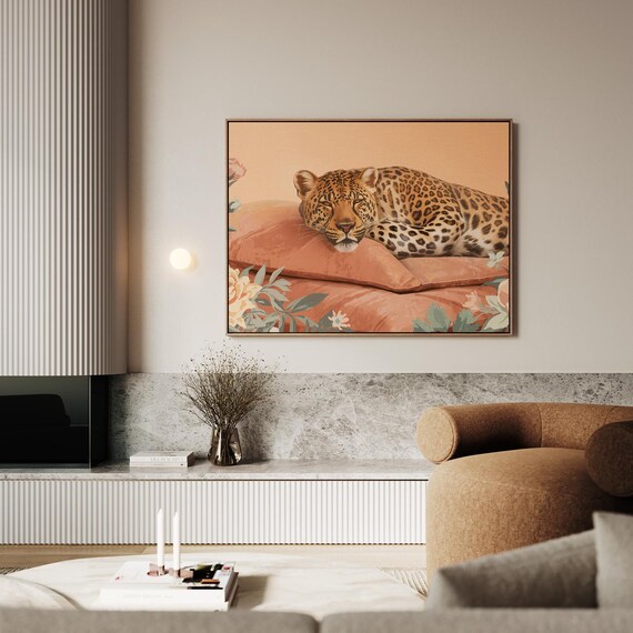 Lounging Leopard On Cushions In Flower Garden Artwork Wall Art