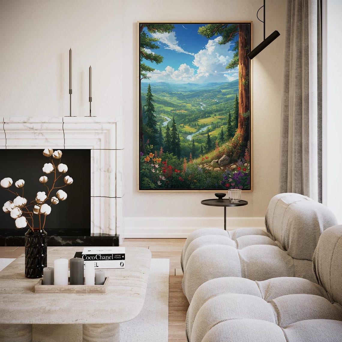 Green Mountain Valley River Wildflowers Painting Wall Art Scenic