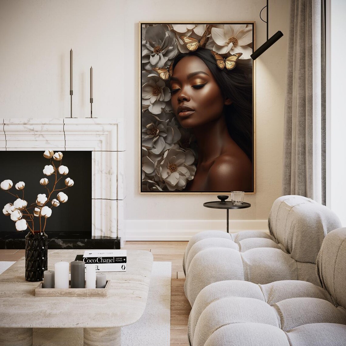 Elegant Woman with Butterflies and White Flowers Beauty Art Poster