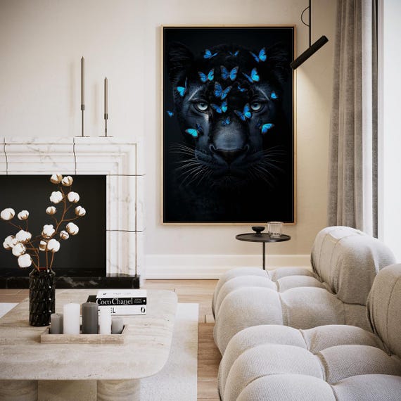 Panther And Blue Butterflies In Harmony Artwork Wall Art