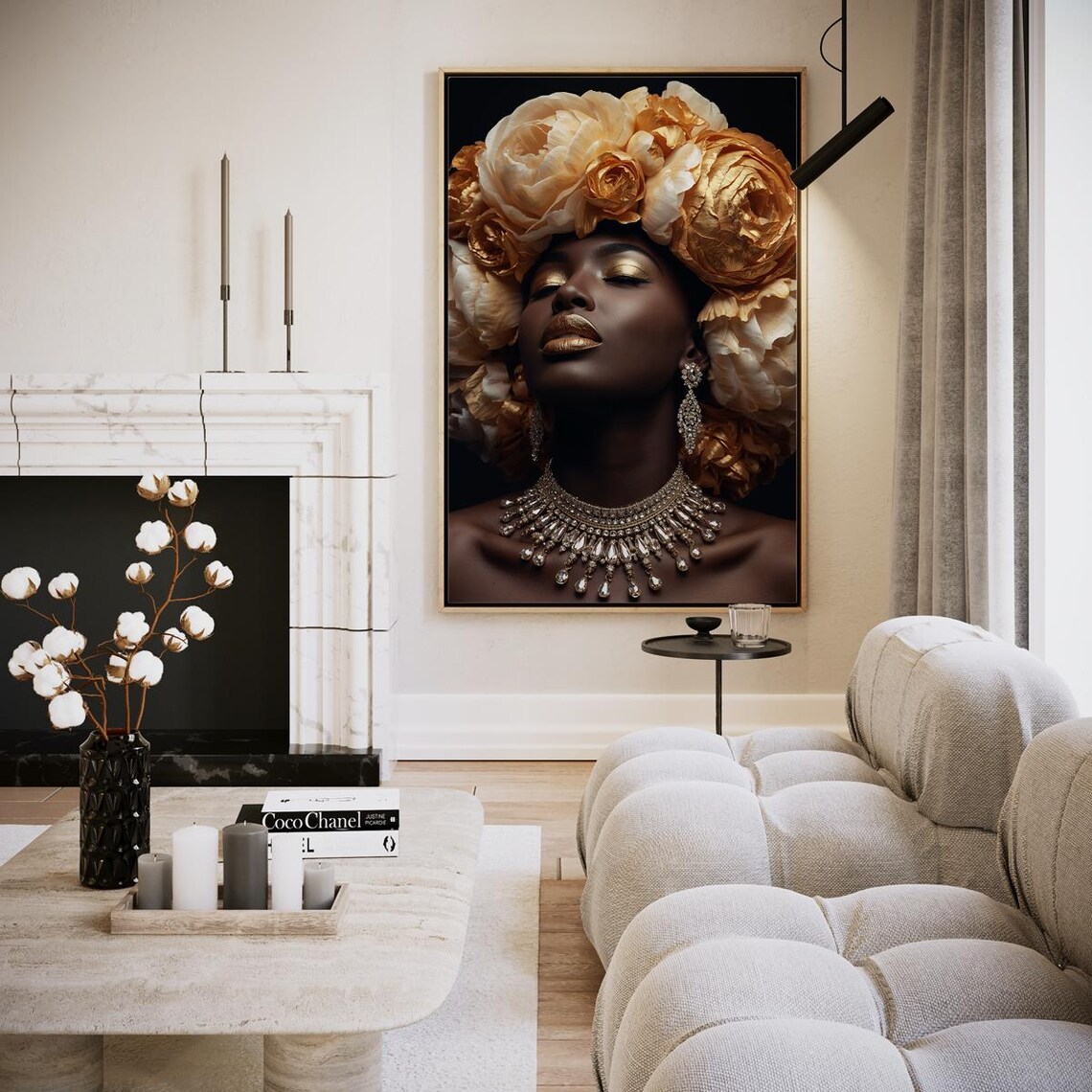 Golden Peony Crown Woman Portrait Luxury Jewelry Elegant Art Poster