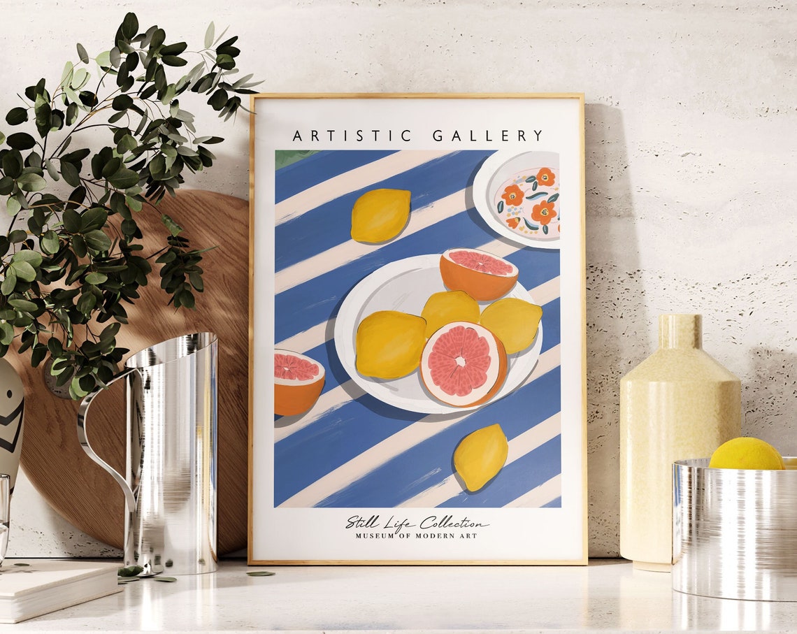 Lemon Grapefruit Citrus Still Life Striped Kitchen Art Gallery Poster