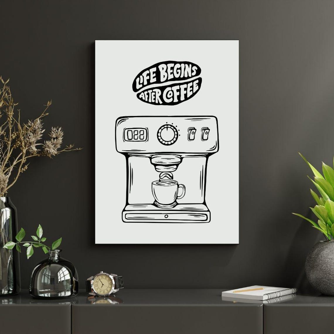 Life Begins After Coffee Espresso Machine Quote Kitchen Poster
