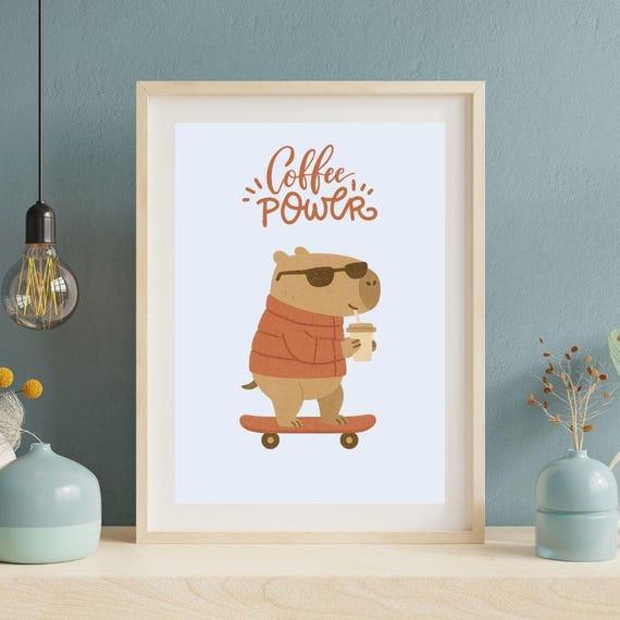 Coffee Capybara Art Print Funny Kitchen Cafe Decor