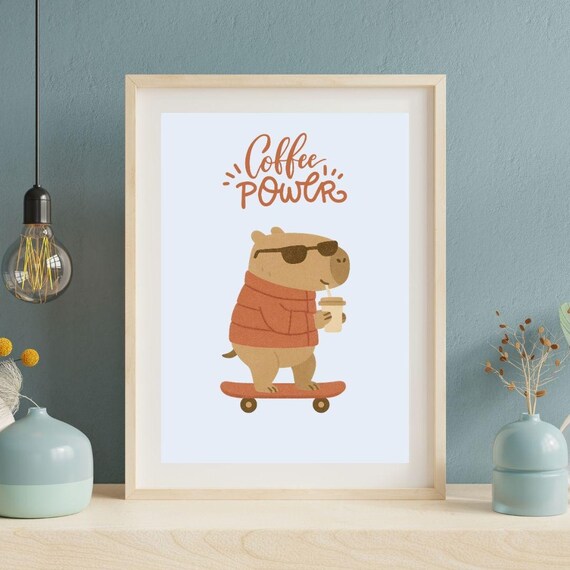Coffee Power Capybara Skateboard Sunglasses Funny Kitchen Poster