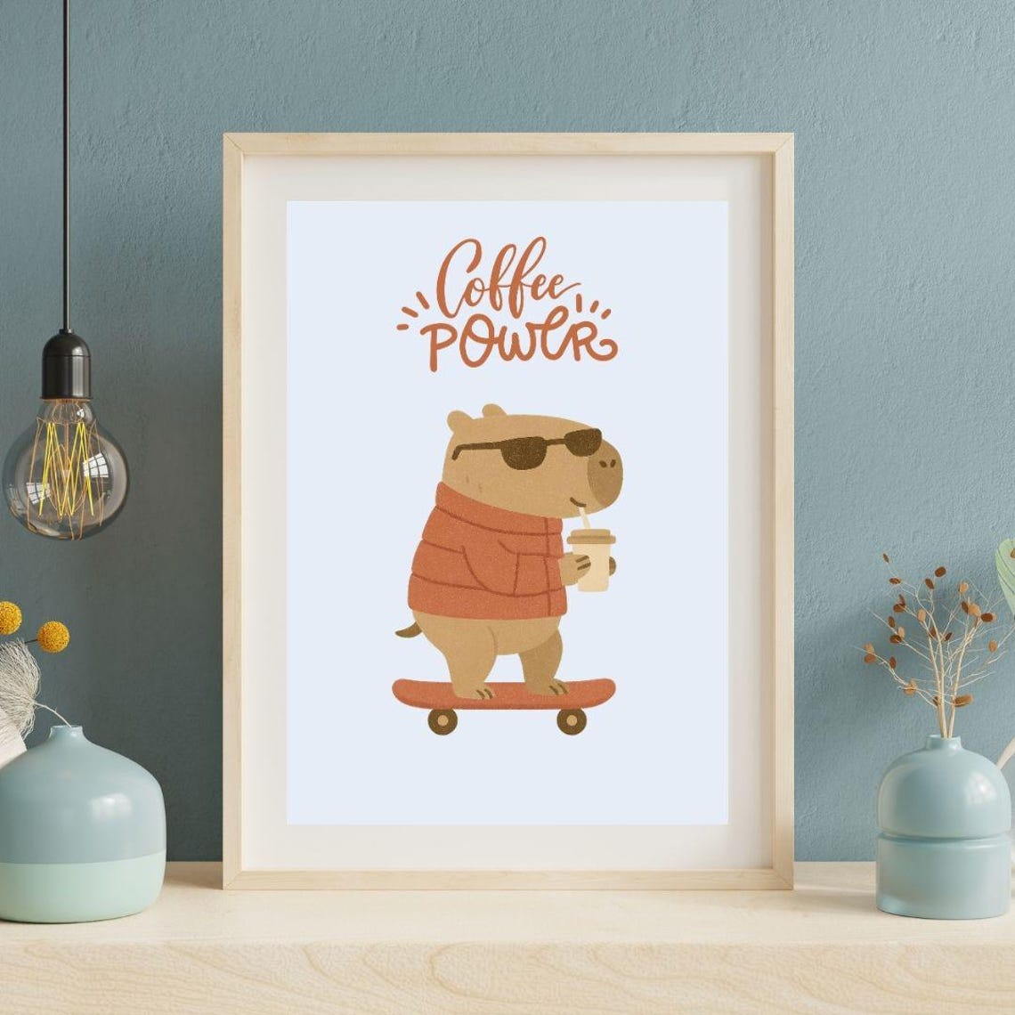 Coffee Power Capybara Skateboard Sunglasses Funny Kitchen Poster