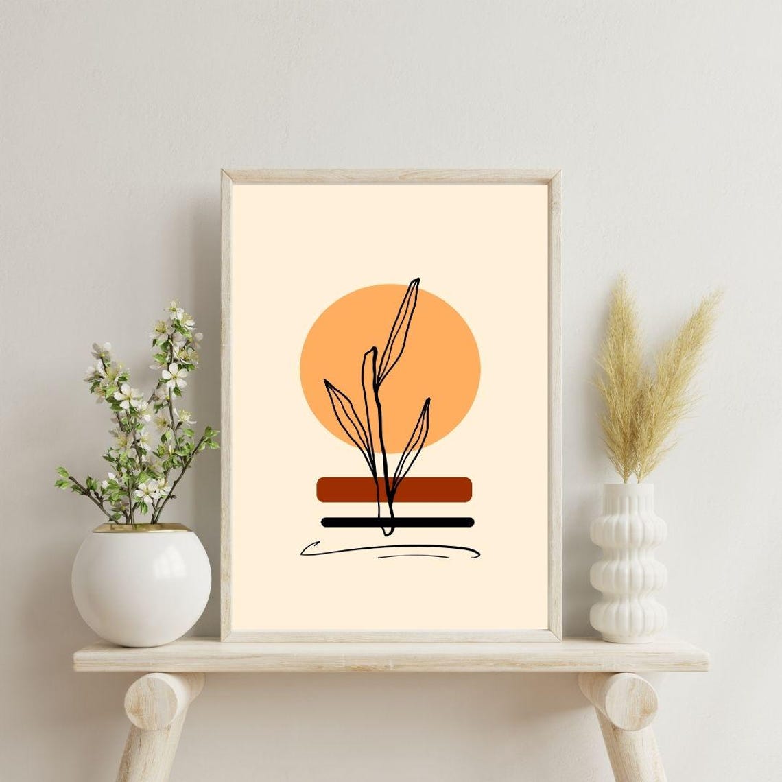 Minimalist Line Art Plant Sunrise Circle Abstract Boho Decor Poster