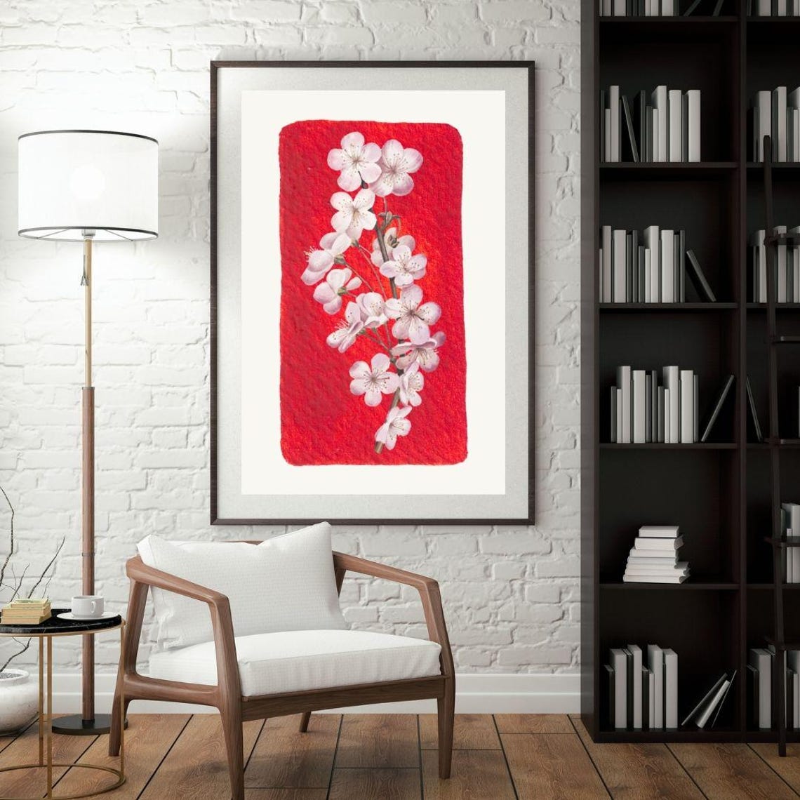 White Cherry Blossom Branch On Red Watercolor Botanical Poster
