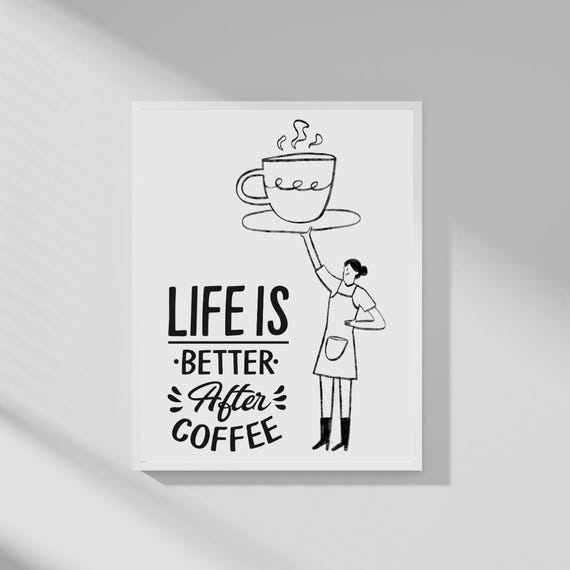 Minimalist Coffee Line Art Print Black And White Kitchen Decor