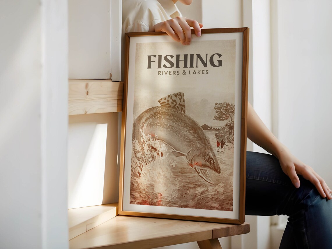 Fishing Rivers and Lakes Vintage Sepia Trout Angler Scene Poster