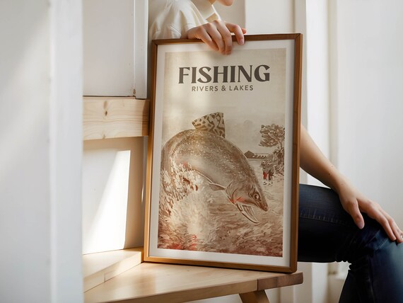 Fishing Rivers and Lakes Vintage Sepia Trout Angler Scene Poster