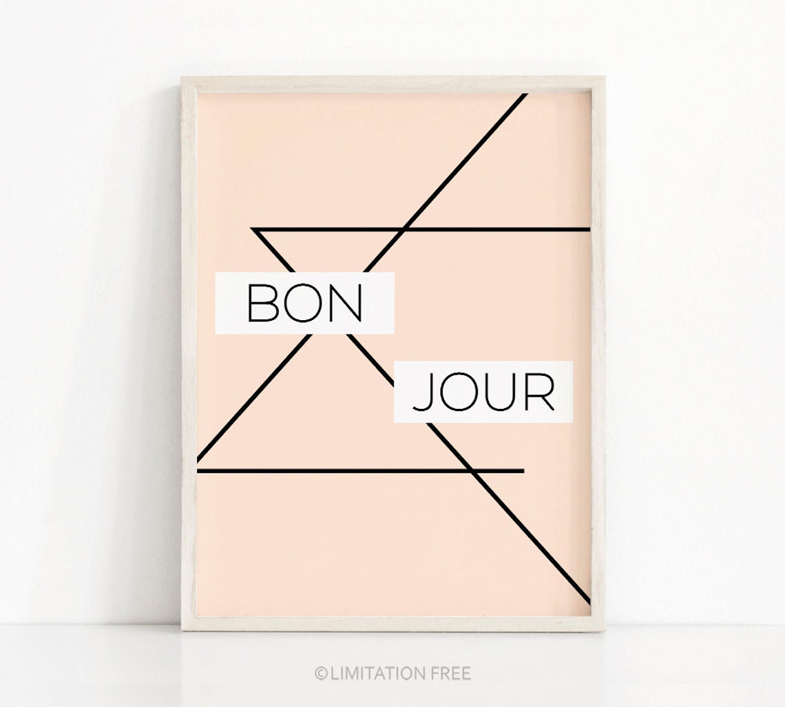 Bonjour Peach Background Geometric Lines French Typography Art Poster