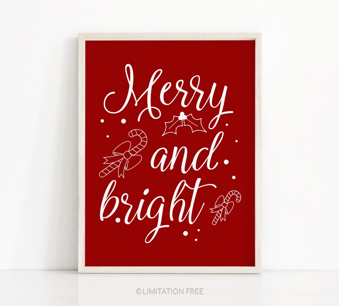 Merry And Bright White Calligraphy Red Background Christmas Wall Print